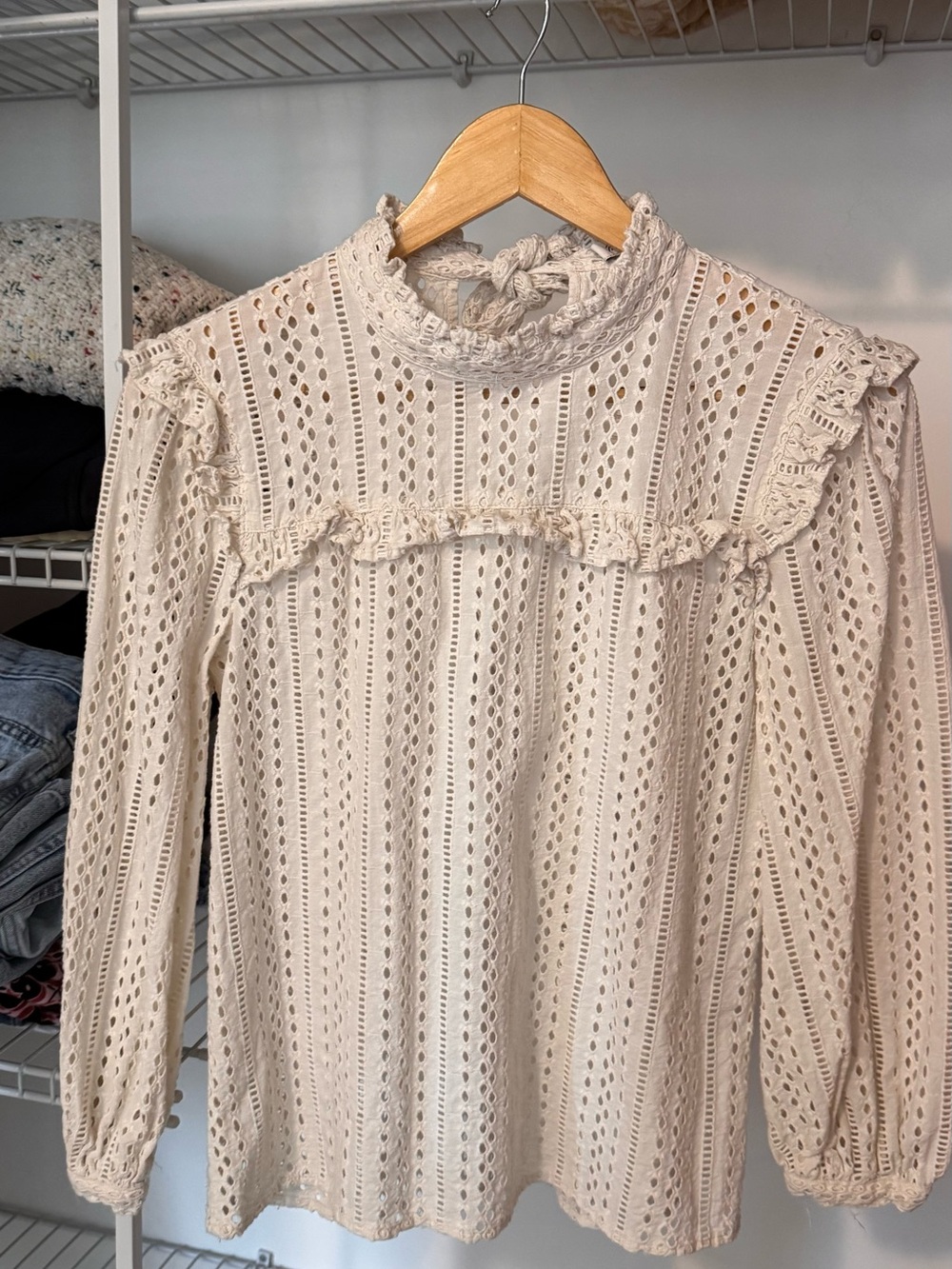 Madewell Cream Eyelet Ruffle High-Neck Long-Sleeve blouse